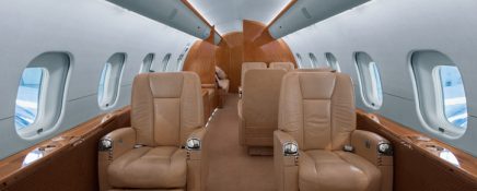 Business jet cabin with leather seats